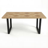 [6 Seater | Grey] Aldridge rectangular dining table with oak parquet top and matt black sled legs, straight on view.
