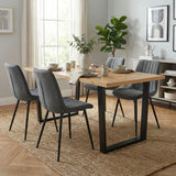 [4 Seater | Grey] 4 grey upholstered chairs around the Aldridge oak parquet dining table on a herringbone wood floor.