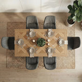[6 Seater | Grey] Overhead view of Aldridge 6 seater dining table with grey chairs around the diamond parquet top.