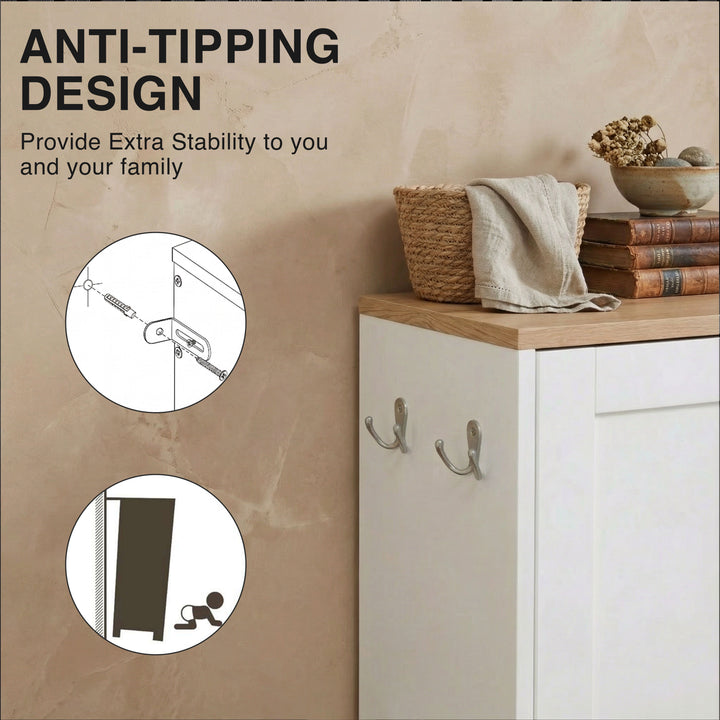 [White] White shaker shoe cabinet storage unit with anti-tip safety fitting and wall anchoring detail