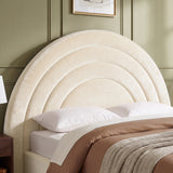 [Beige | Double] Close-up of beige plush velvet concentric arch headboard with padded curved channels and pillows