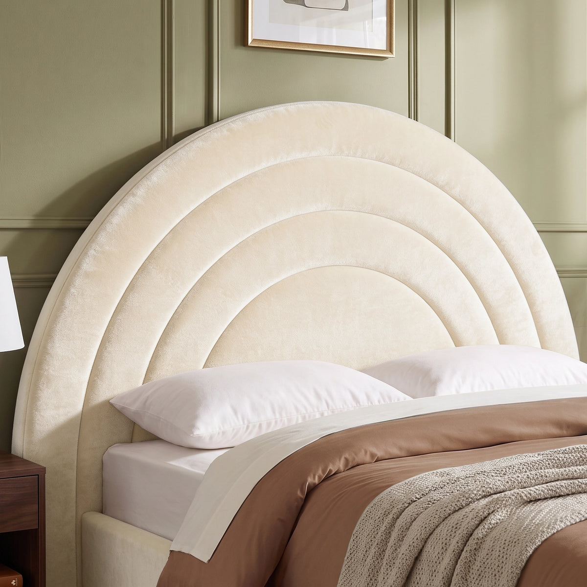 [Beige | Double] Close-up of beige plush velvet concentric arch headboard with padded curved channels and pillows