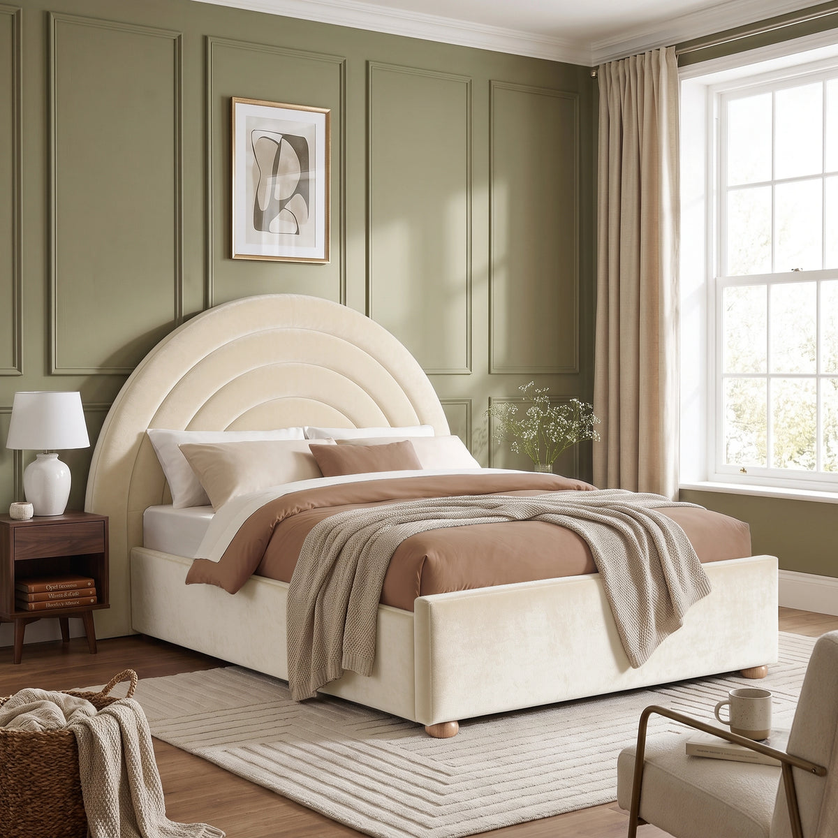 [Beige | Double] Wide bedroom view of beige rainbow ottoman bed with curved headboard, rug, side tables and window