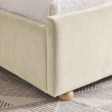 [Beige | King] Close-up of beige plush velvet footboard corner, raised side rail and low round wooden foot