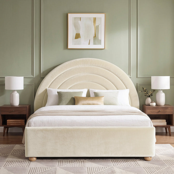 [Beige | King] Front view of beige plush velvet rainbow ottoman bed with concentric arch headboard and wooden feet