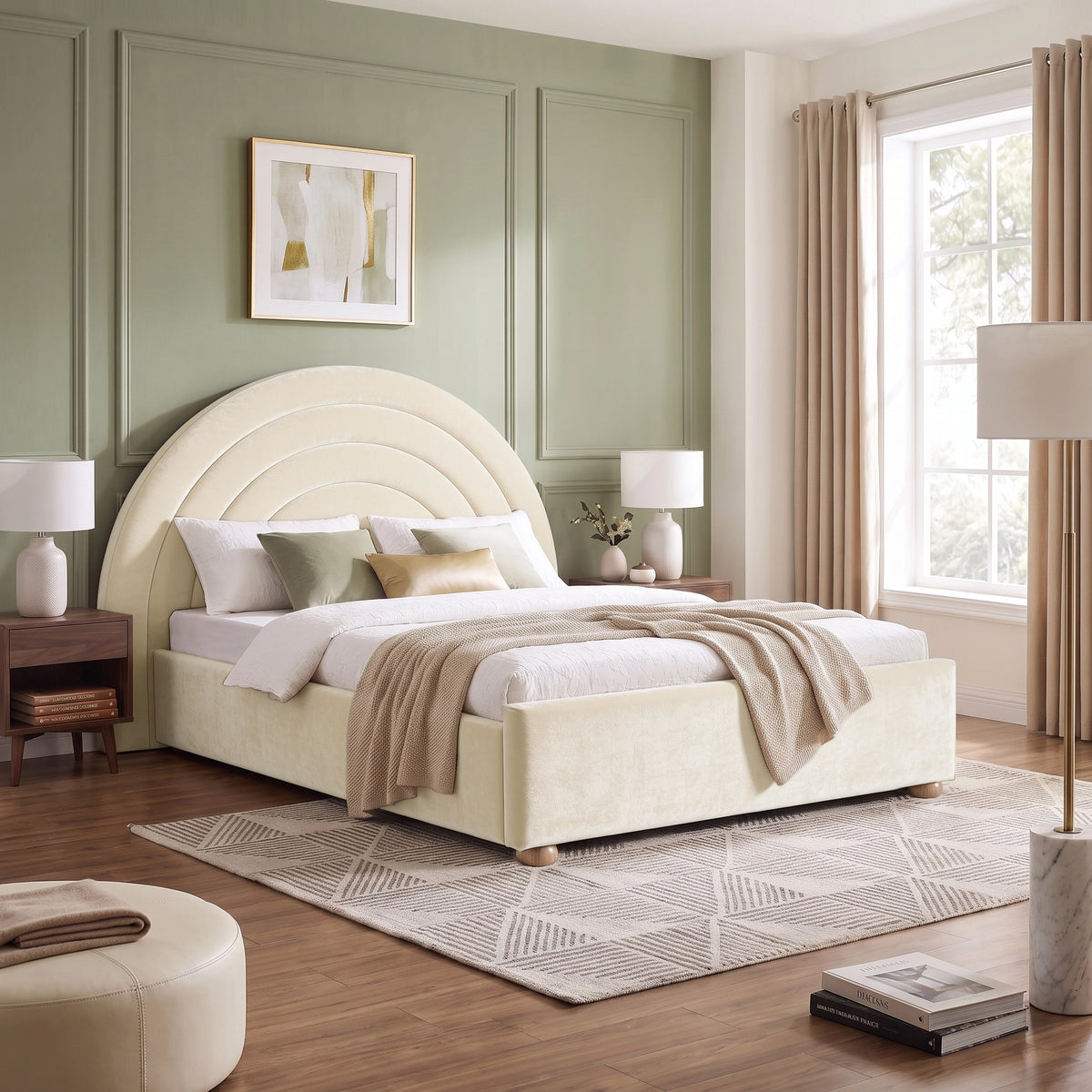 [Beige | King] Wide bedroom view of beige rainbow ottoman bed with curved headboard, rug, side tables and window