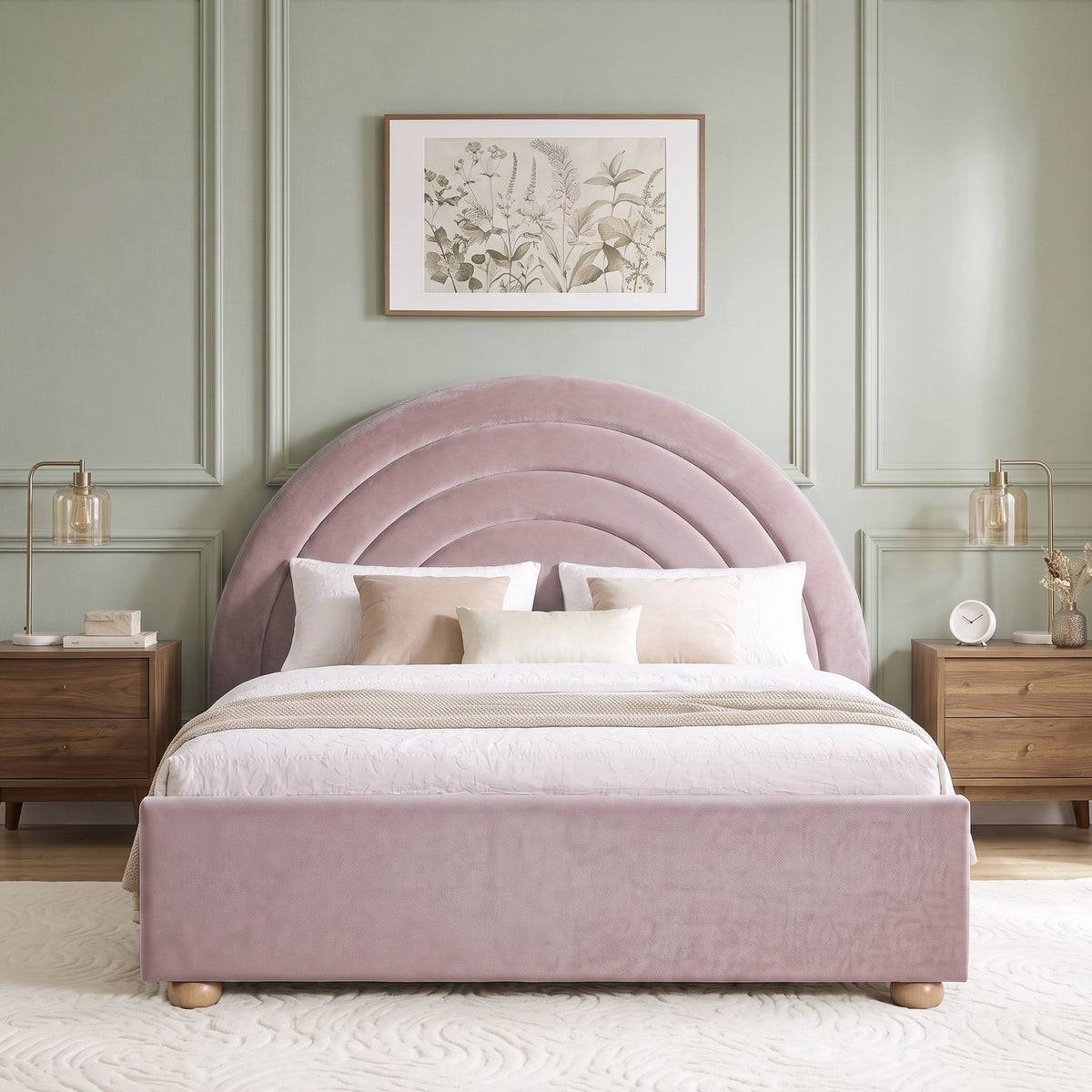[Pink | King] Front view of pink plush velvet rainbow ottoman bed with concentric arch headboard and wooden feet