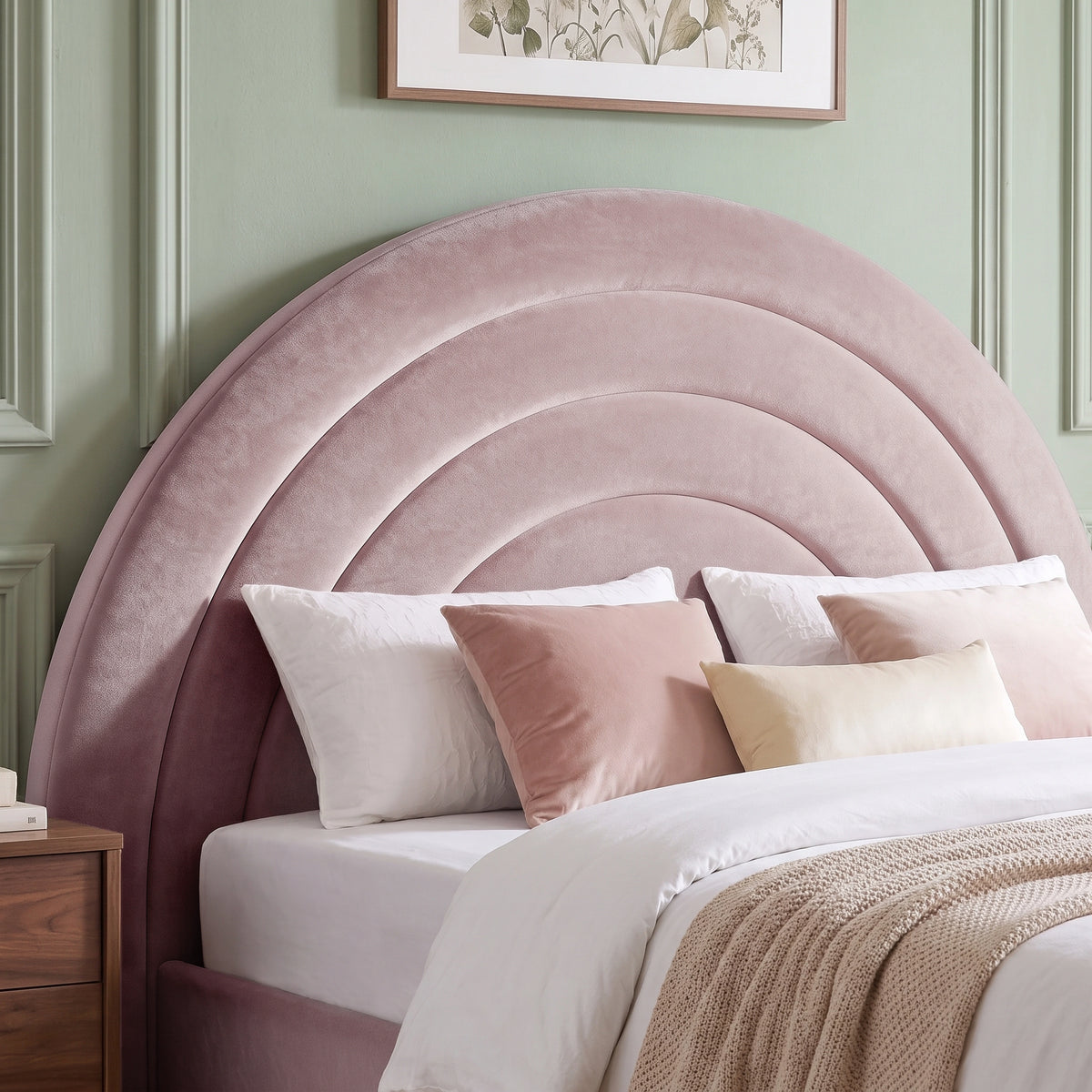 [Pink | King] Close-up of pink plush velvet concentric arch headboard with padded curved channels and pillows