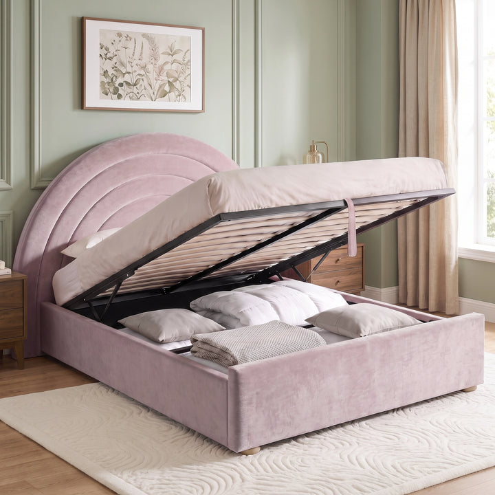 [Pink | King] Pink rainbow ottoman bed open with gas-lift frame, pull strap, slats and full under-bed storage