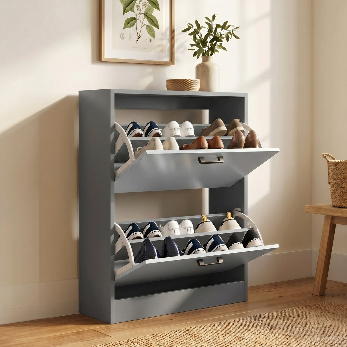 [Dark Grey & Sliver Grey] 2 Door Slim Shoe Cabinet For Hallway with both storage compartments tilted open.