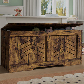 [Rustic] Rustic wood storage chest with knotted grain, lid ajar, Tigger plush behind in panelled room