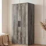 [Ash Grey] two-door plain wardrobe positioned in a room with a textured wood finish and black vertical handles