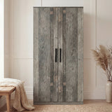 [Ash Grey] double door plain wardrobe front elevation with wooden finish panels and matte black handles