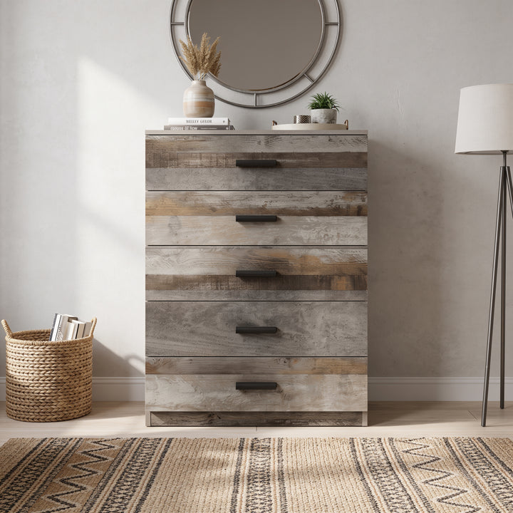 [Ash Grey] Front view of the Ash Grey Tall 5 Drawer Chest of Drawers with black handles.