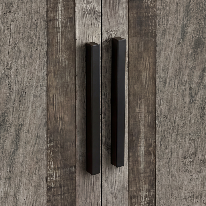 [Ash Grey] Close view of natural wood vertical handles mounted on ash grey double wardrobe with shelves