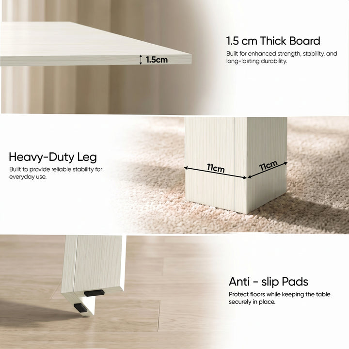 [Ash White] Detail guide showing a 1.5cm tabletop, 11cm wide legs and anti-slip footpads
