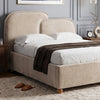 [Double | Beige] Beige fabric Embrea bed frame, two-piece curved headboard, throw draped across mattress