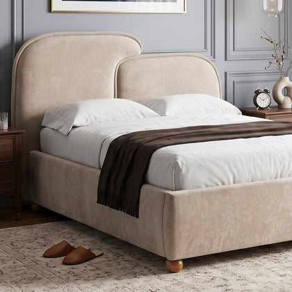[Double | Beige] Beige fabric Embrea bed frame, two-piece curved headboard, throw draped across mattress