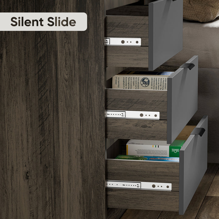 [Wooden Grey+Grey] Drawers of Skova chest of drawers pulled open in sequence to reveal hardware and Silent Slide tag