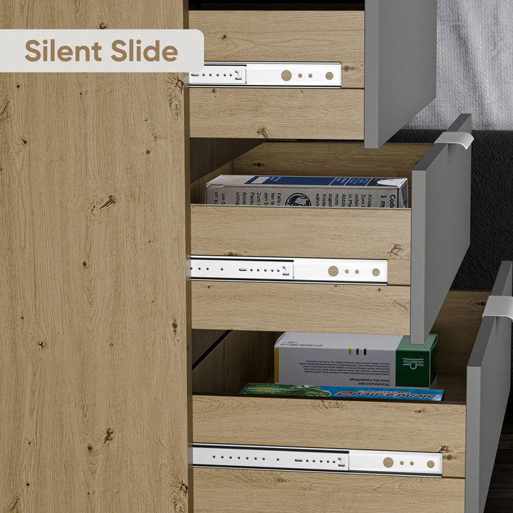 [Oak+Grey] Bedroom chest of drawers modern unit in a two-tone finish with partially open drawers showing smooth runner mechanism