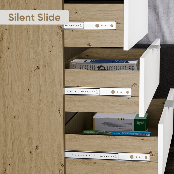 [Oak+White] Skova 4 drawer chest of drawers Silent Slide detail, drawers open with paperback books visible