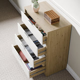 [Oak+White] 4 Drawer bedroom drawers in a wooden white finish, partially open, showing neatly organised clothes