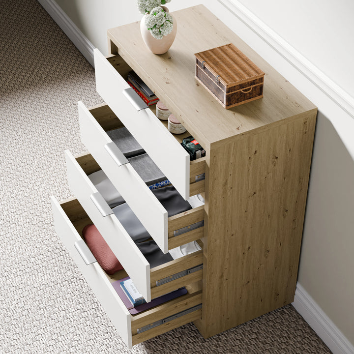 [Oak+White] 4 Drawer bedroom drawers in a wooden white finish, partially open, showing neatly organised clothes
