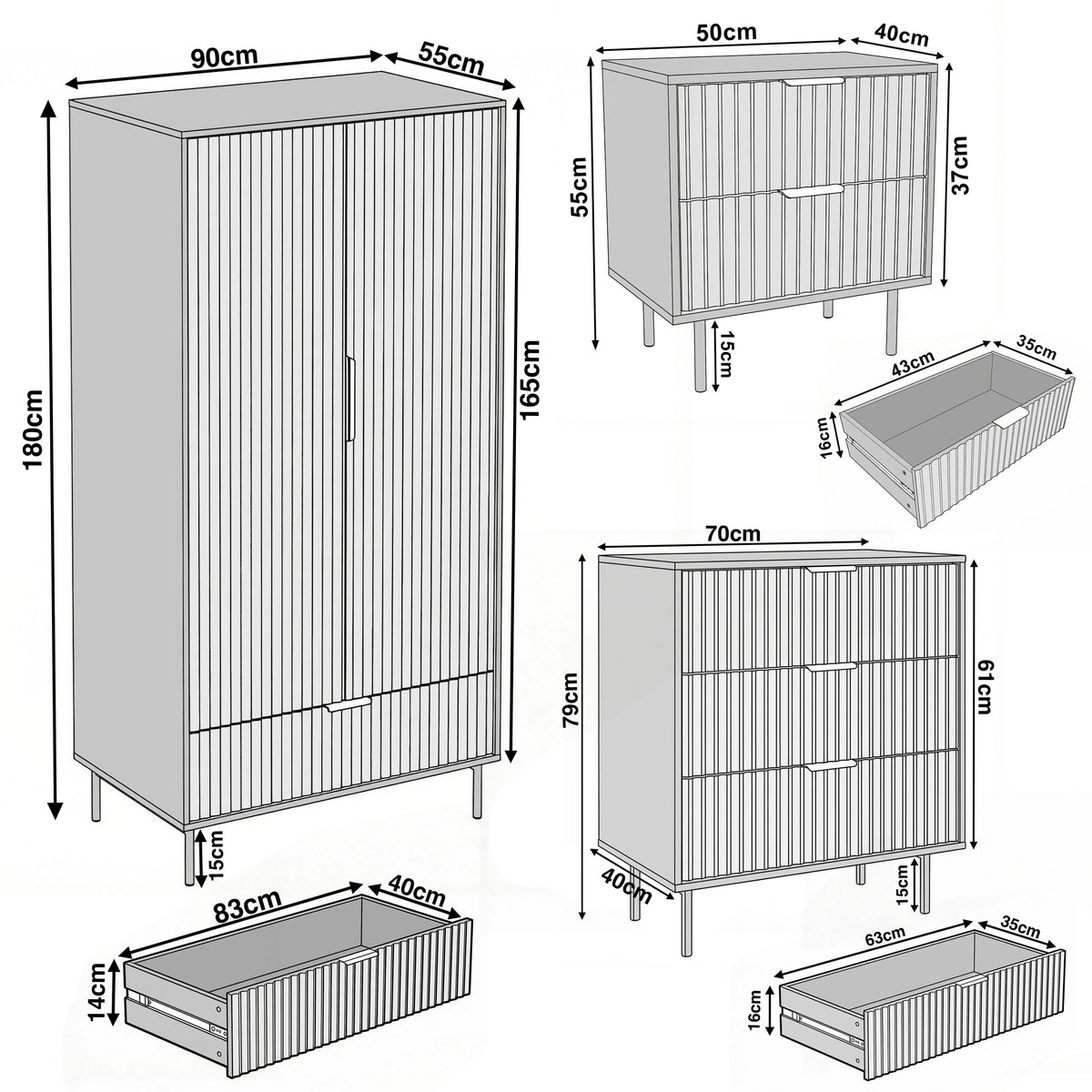 [White] Bedroom furniture set measurement diagram illustrating dimensions of a wardrobe, chest of drawers, and nightstand