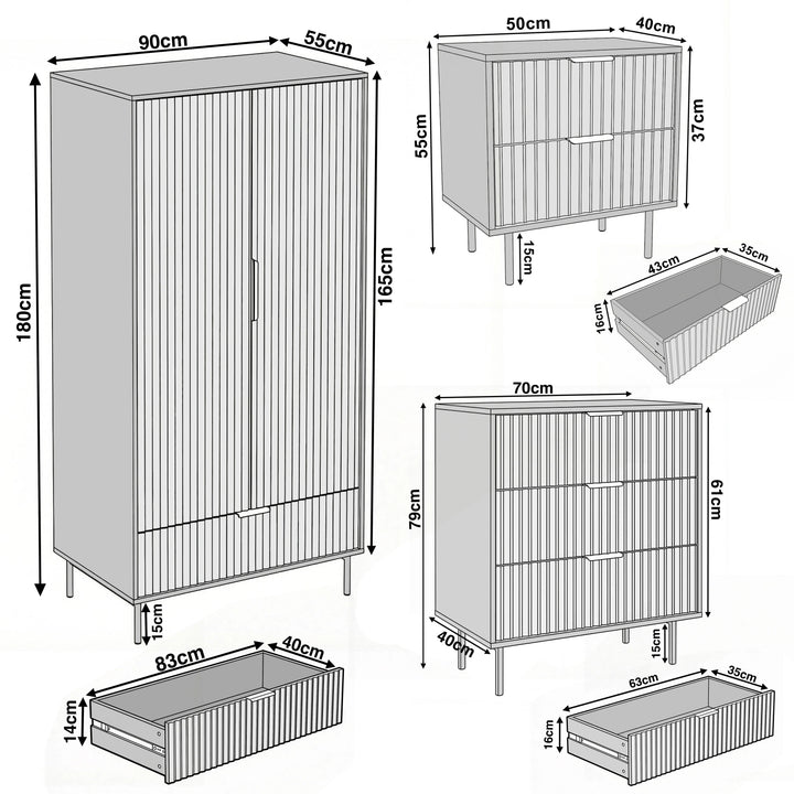 [Black] Dimension diagram of a bedroom furniture set containing a wardrobe, chest of drawers, and bedside cabinet