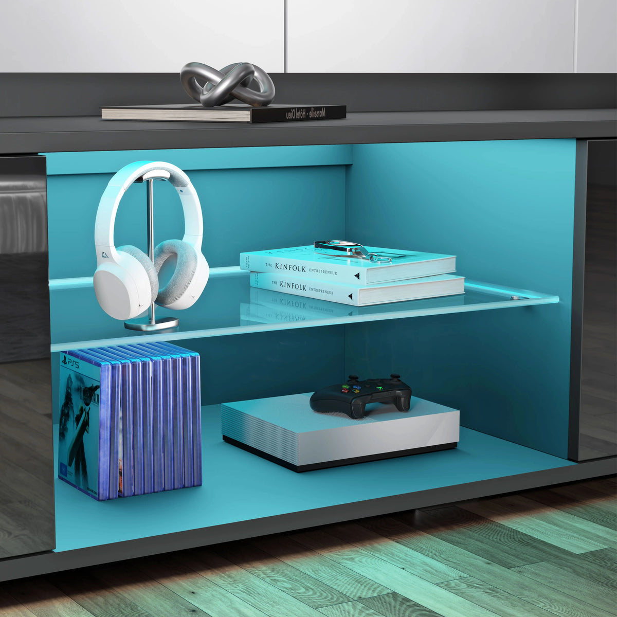[Black] Interior view of black gloss TV unit shelf with gaming console and stacked book spines