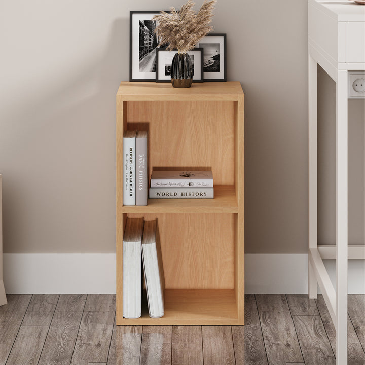 [2 Shelf | Beech] front-on view of beech-grain 54cm-tall compact bookcase inside Japandi study room