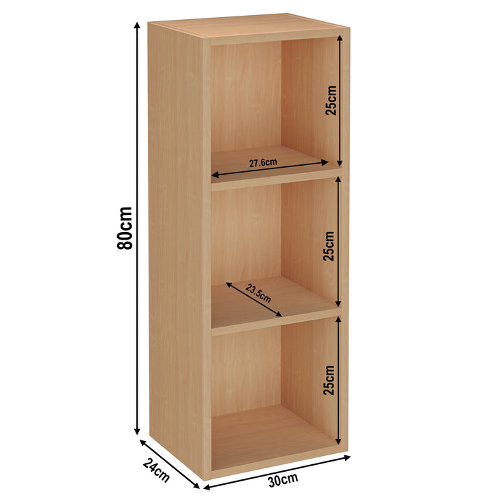 [3 Shelf | Beech] pale beech 3-cubby sizes: 30 x 24 x 80 cm; sits by warm taupe plaster wall