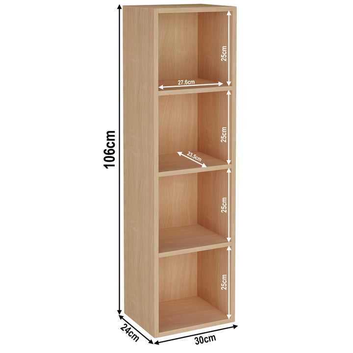 [4 Shelf | Beech] diagram of beech-grain 4-shelf bookcase, 30W x 24D x 106H cm; for Japandi study room