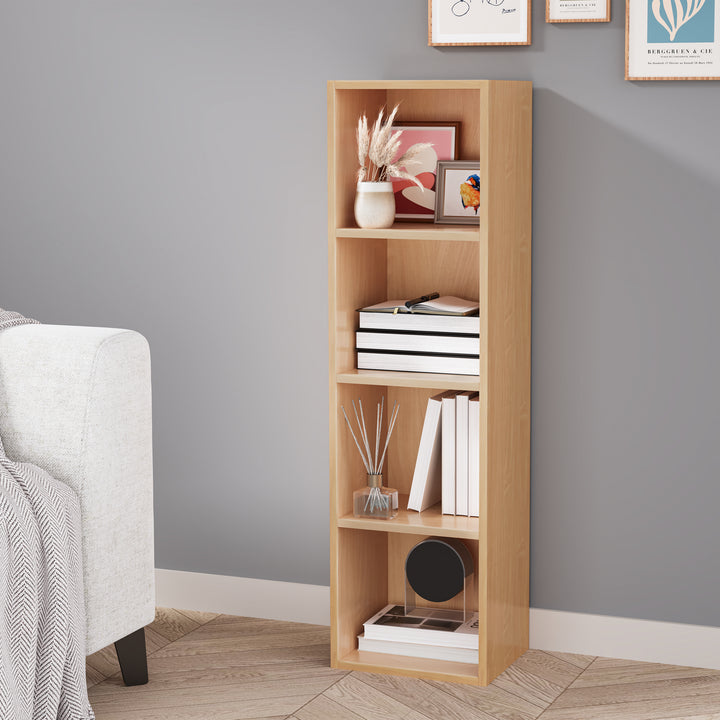 [4 Shelf | Beech] three-quarter shot of four-cubby chest-height beech cube bookcase with linen-shade table lamp
