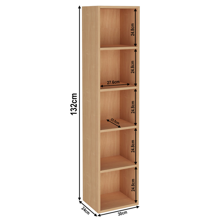 [5 Shelf | Beech] schematic of five-cubby floor-to-eye beech unit, 30 x 24 x 132 cm; pairs linen-shade table lamp