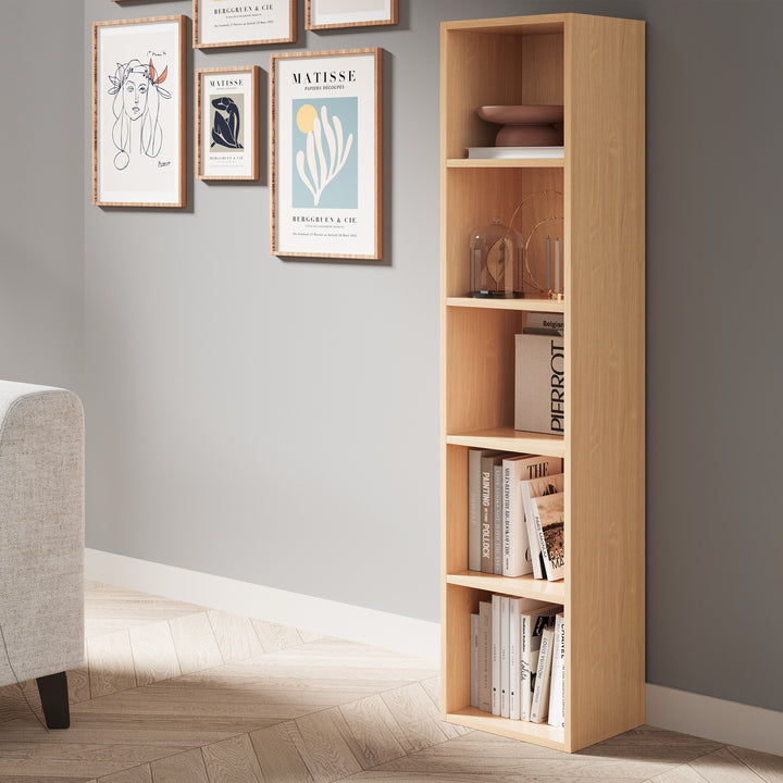 [5 Shelf | Beech] three-quarter shot of five-cubby floor-to-eye beech cube bookcase with linen-shade table lamp