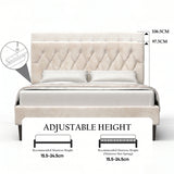 [Double | Beige] Velvet bed headboard showing adjustable height range from 15.5 to 24.5cm with annotation