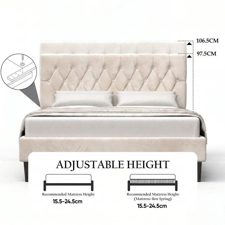 [Double | Beige] Velvet bed headboard showing adjustable height range from 15.5 to 24.5cm with annotation