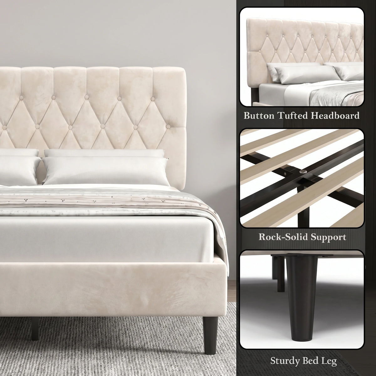 [Double | Beige] Velvet bed feature collage showing button tufted headboard and birch solid support overlay