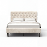 [Double | Beige] Velvet Chesterfield bed front view on white background showing full frame and headboard