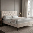 [Double | Beige] Velvet Chesterfield bed in a bright styled bedroom with large windows and natural daylight