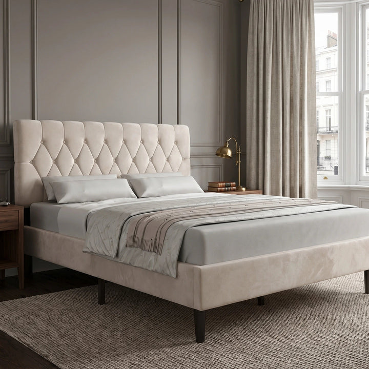 [Double | Beige] Velvet Chesterfield bed in a bright styled bedroom with large windows and natural daylight