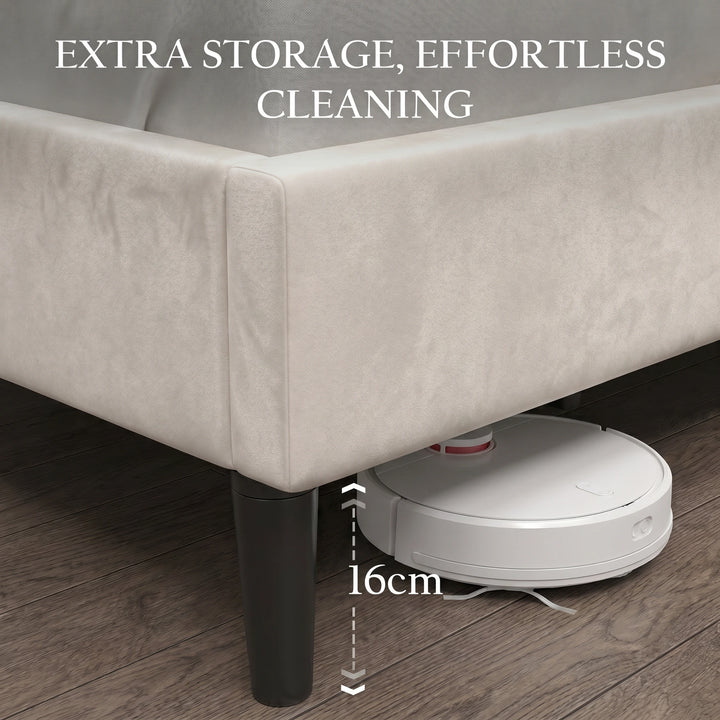 [Double | Beige] Velvet bed extra storage and effortless cleaning feature shown with annotation text overlay