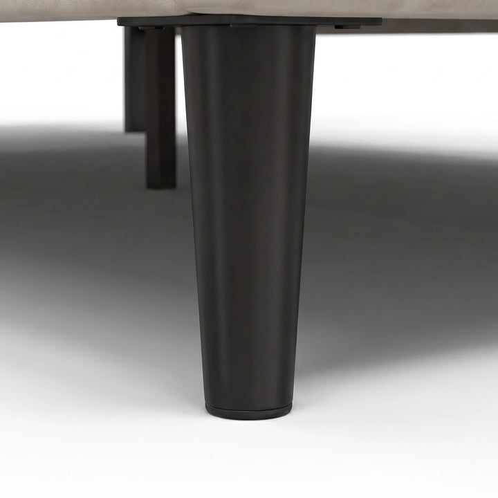 [Double | Beige] Velvet bed frame close-up of dark tapered wooden leg showing base support and clearance