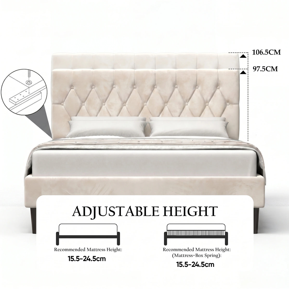[King | Beige] Velvet bed headboard showing adjustable height range from 15.5 to 24.5cm with annotation