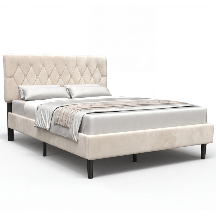 [King | Beige] Velvet Chesterfield bed angled view with throw blanket on white background showing profile