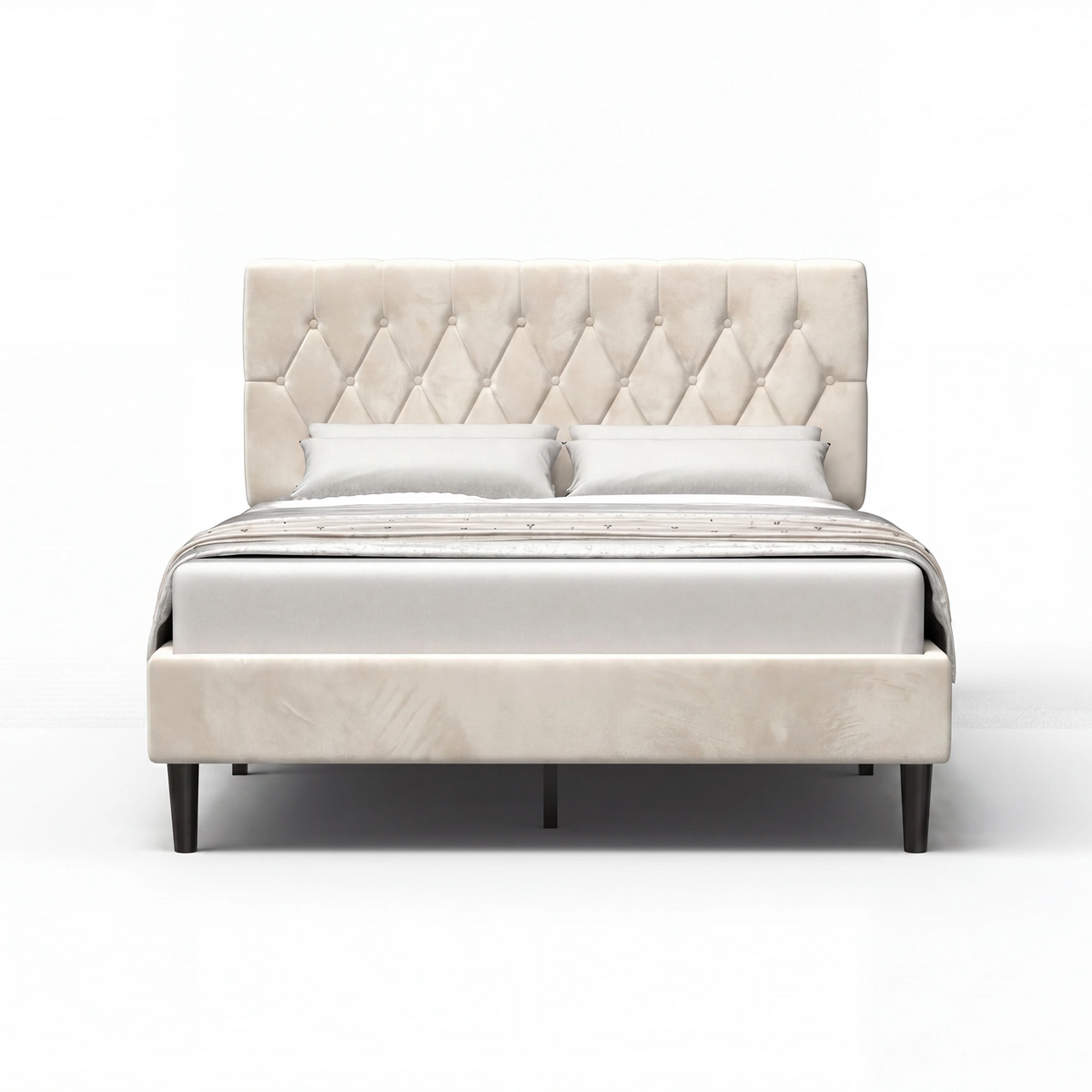 [King | Beige] Velvet Chesterfield bed front view on white background showing full frame and headboard