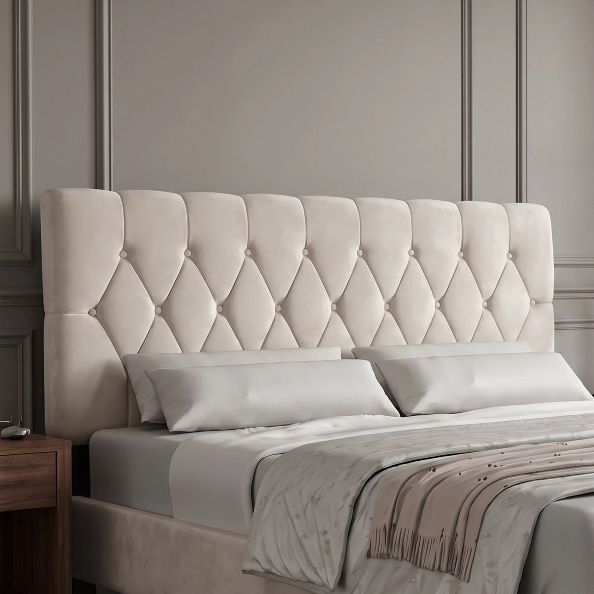 [King | Beige] Velvet bed headboard close-up showing deep button tufted diamond pattern and soft fabric
