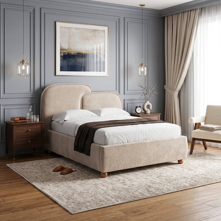 [Double | Beige] Angled perspective of beige fabric double bed highlighting rounded corners and smooth textile finish