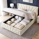 [Double | Beige] Hydraulic lift mechanism raised to reveal storage space on the Sunrise Double Ottoman Storage Bed Frame Beige Velvet.